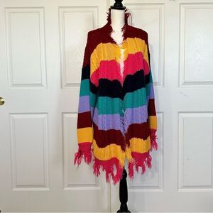 Peach Love California Stripe Open Front Stripe Destroyed Fringe Cardigan, M
